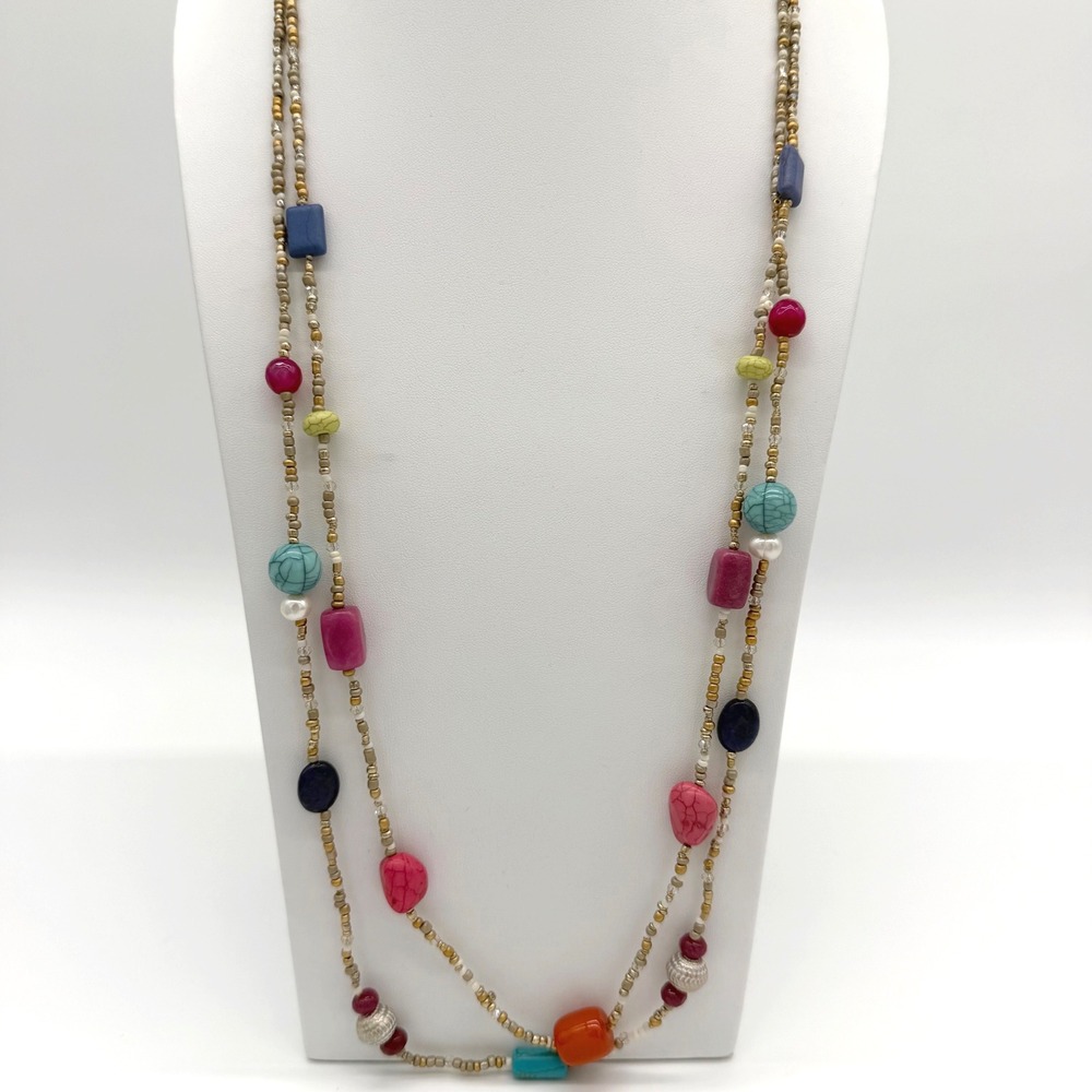 Chicos Multicolor Beaded Necklace Double Strand Faux Stone Boho 23" Long